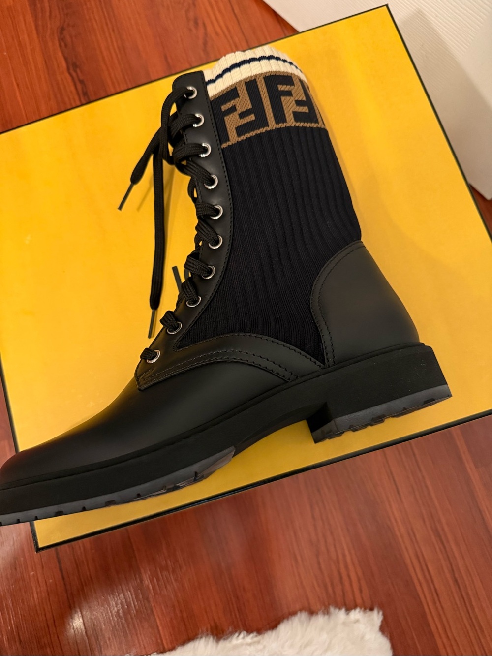 Fendi Black Combat Boot with Brown FF Knit Cuff and Cream Trim FIRM PRICE - Picture 2 of 4